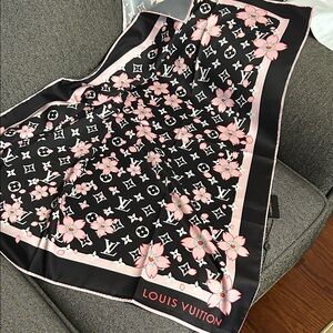 Louis Vuitton Monogram Floral Silk Scarf in Black and Pink